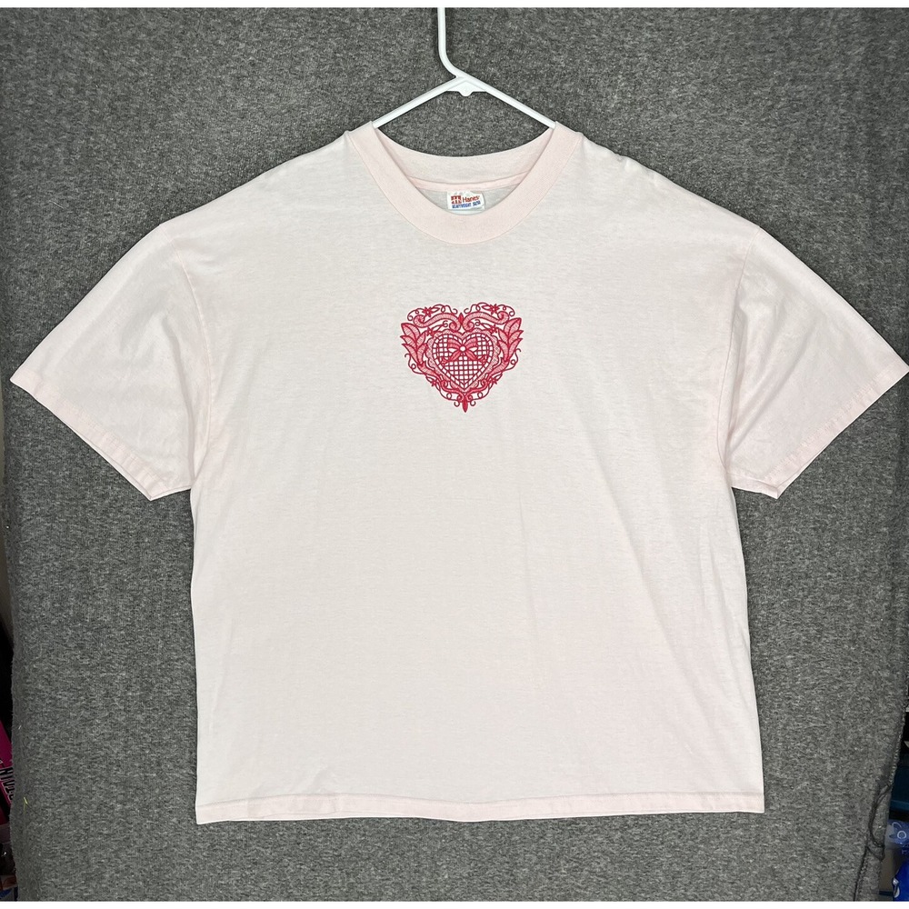 Y2K Hanes Heavyweight Pink T-Shirt Adult XXL Heart Embroidery Grandmacore